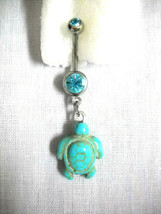 2 Sided Sea Life Turquoise Blue Honu Sea Turtle Charm On 14g Blue Cz Belly Ring - £4.78 GBP