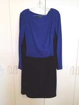LAUREN RALPH LAUREN LADIES BLUE/BLACK POLY/ELASTANE LS DRESS-M-RUCHED FR... - $13.09