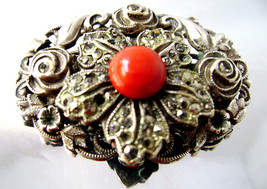 Art Deco Silver Marcasite Red Faux Coral Stone Filigree Brooch 30&#39;s - $10.00
