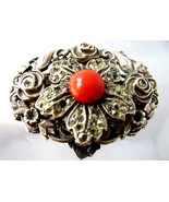 Art Deco Silver Marcasite Red Faux Coral Stone Filigree Brooch 30&#39;s - £8.03 GBP