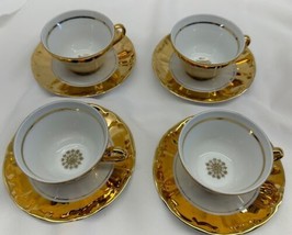 Vintage STW Bavaria 4 Porcelain Teacups And Saucers Gold and White - £31.54 GBP