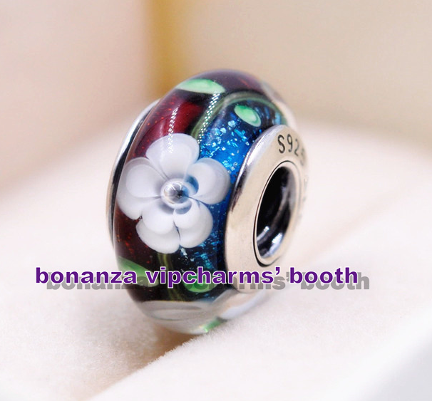 Primary image for 925 Sterling Silver Handmade Glass Lampwork White Flower Murano Glass Charm Bead