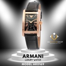 Armani AR0169 boîtier en or cadran noir bracelet en cuir rectangle montre... - £105.39 GBP