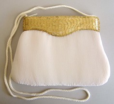 Gold Beaded Purse Evening Bag Clutch White Pleated Rayon Handbag Shoulder Strap - £17.40 GBP
