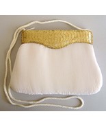 Gold Beaded Purse Evening Bag Clutch White Pleated Rayon Handbag Shoulde... - £17.58 GBP