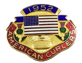American Curlers Curling Club Enamel Medal Pin Flag Vintage B 1952 - £6.19 GBP