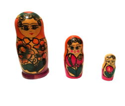 Vintage Hand Painted Russian  Wood Nesting Dolls Yellow Maroon Black 3 Piece - £18.76 GBP