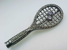 Vintage STERLING TENNIS RACKET BROOCH Pin with Genuine Amethysts &amp; Marcasites - £35.85 GBP