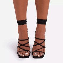 Black Color Cross Tied High Heels Shoes For Women Thick Heel Pumps Plus Size 35- - £38.09 GBP