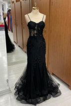 Black Sweetheart Straps Mermaid Appliques Tulle Long Prom Dress - £128.87 GBP
