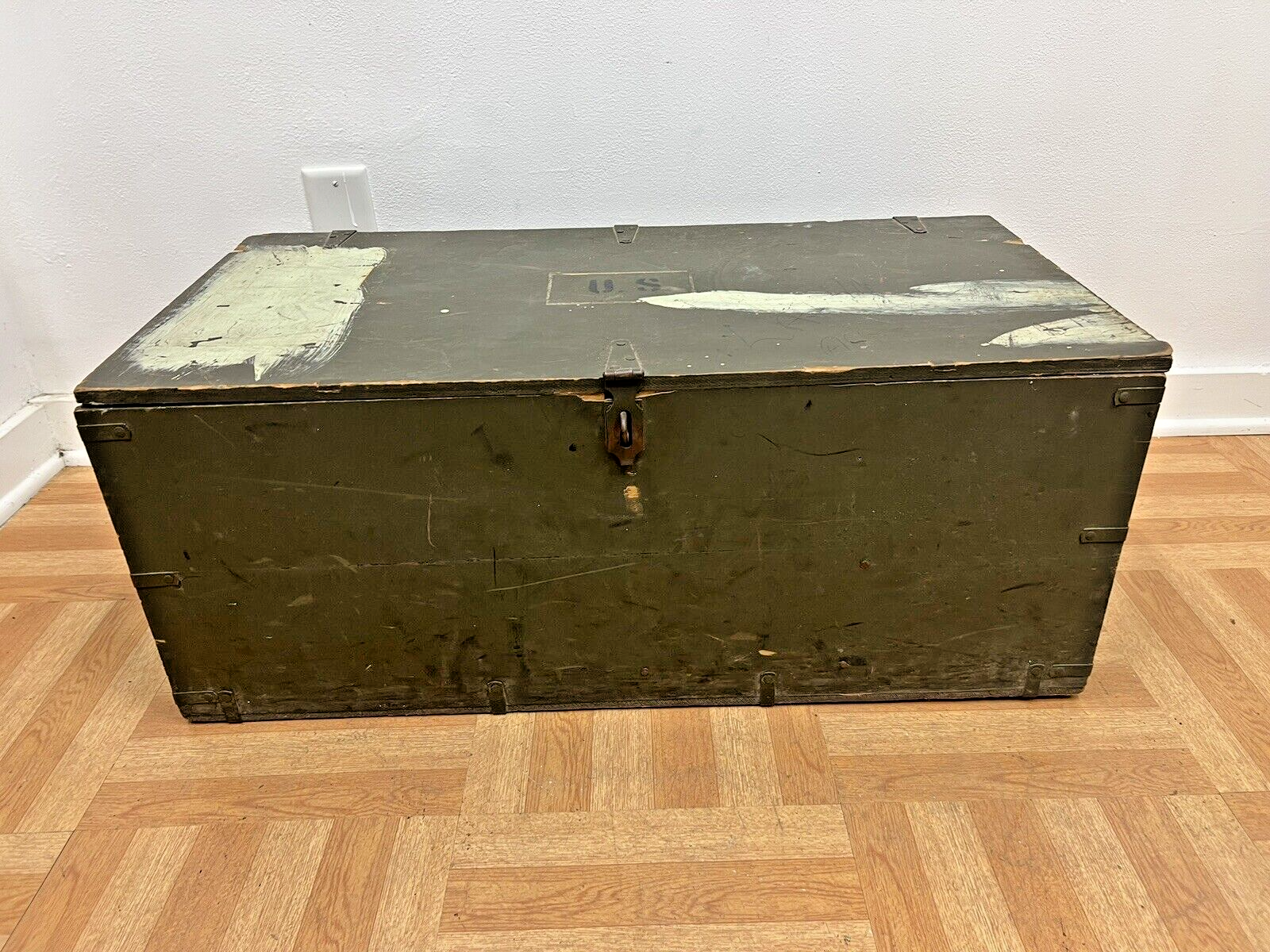 Vintage Military FOOT LOCKER Wood Trunk chest storage green box army US 1952 - $99.99