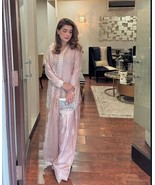&quot;Beige Silk Top-Bottom Dupatta Set with Embroidery Sequence Work - $55.00