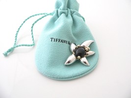 Tiffany &amp; Co Onyx Flower Pin Silver 18K Brooch Gold Love Gift Pouch Nature Art - £271.80 GBP