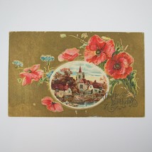 Postcard Birthday Greeting Antique Village Buildings Gold Red Poppy Blue Flowers - £7.85 GBP