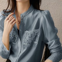 Embroidery Splicing  Elegant Women Top Blouses Office Lady Fashion Cardigan Shir - £57.68 GBP