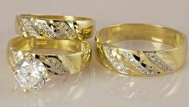 Diamond Wedding 14K Yellow Gold Over Trio His &amp; Hers Bridal Engagement Ring Set - £90.23 GBP