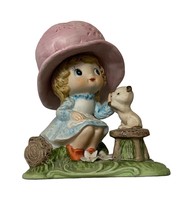 VTG Hoda Blue eye Girl with Cat on Stool Pink Hat on log ceramic figurine - £11.86 GBP