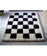 Designer alpaca fur carpet, black and white, chess design, 80 x 60 cm - £102.23 GBP