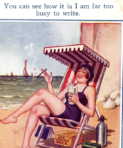 Humor Too Busy To Write Postcard Vintage 1931 Woman On Beach Relaxing - $10.00