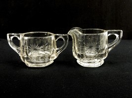 Etched Floral Creamer and Sugar Bowl Set, Hexagon, Heavy Vintage Glass, ... - $14.65