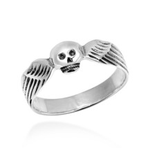 Biker Funky Cool Skull Head Wings Gothic .925 Silver Ring-9 - £14.38 GBP