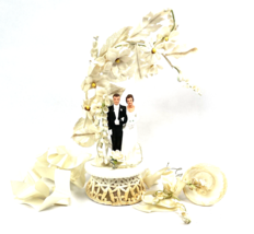 Vintage Wedding Cake Topper MCM White Flowers Bride Groom Bells 10&quot; Chal... - $47.00
