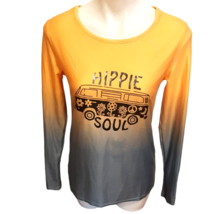 Hippie Soul T-Shirt Medium Yellow Blue-Gray Long Sleeve Peace Van Stretchy - £22.04 GBP