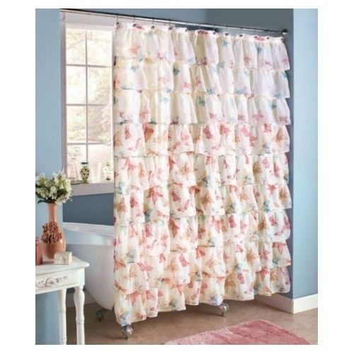 Butterfly Print Bathroom Shower Curtain Shawer Bath Room Ruffled Accessories - $29.69