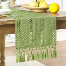 Macrame Style Boho Table Runner, Sage Green Table Runners 72 Inches Long, Farmho - £11.70 GBP