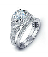 2-Pcs Fashion Round White Diamonds 925 Sterling Silver Wedding Bridal Ri... - £118.04 GBP