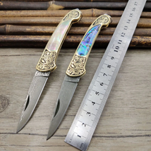 Big Size Handmade Damascus Steel Blade Pocket Folding Knife Yellow Brass +Abalon - £49.50 GBP