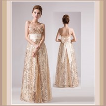Princess Silk Layers Strapless Empire Waist Gold Sequin Apricot Lace Formal Gown