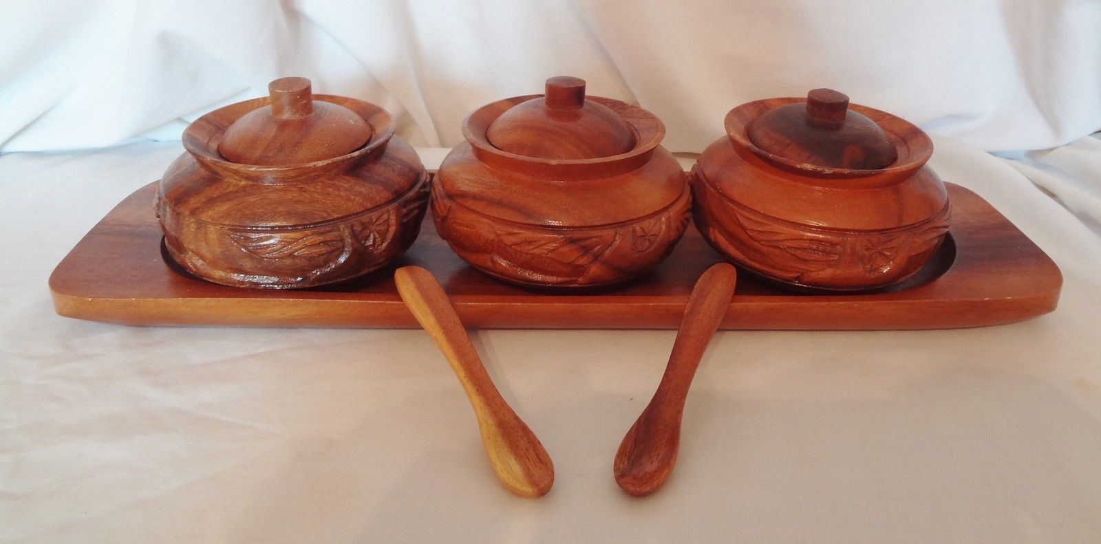 9 Piece Alii Woods Honolulu Wood Tray Condiment Bowl Spoon Set Hawaii Tiki Hut - $19.99