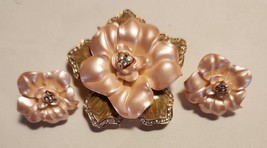 NOLAN MILLER Flower Brooch Pin/Pendant Clip Earrings Pink Celluloid Rhinestones - £72.39 GBP