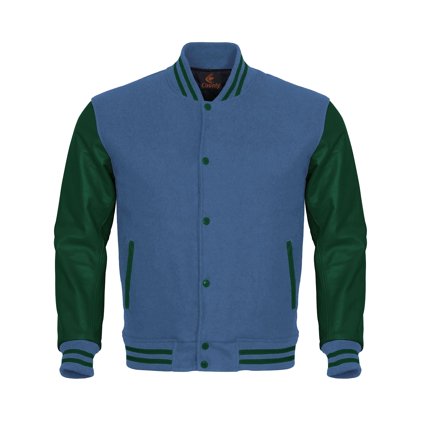 Varsity Jacket Bomber Jacket Baseball Jacket Sky Blue Body Green Leather Sleeves