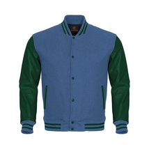 Varsity Jacket Bomber Jacket Baseball Jacket Sky Blue Body Green Leather... - £67.04 GBP+