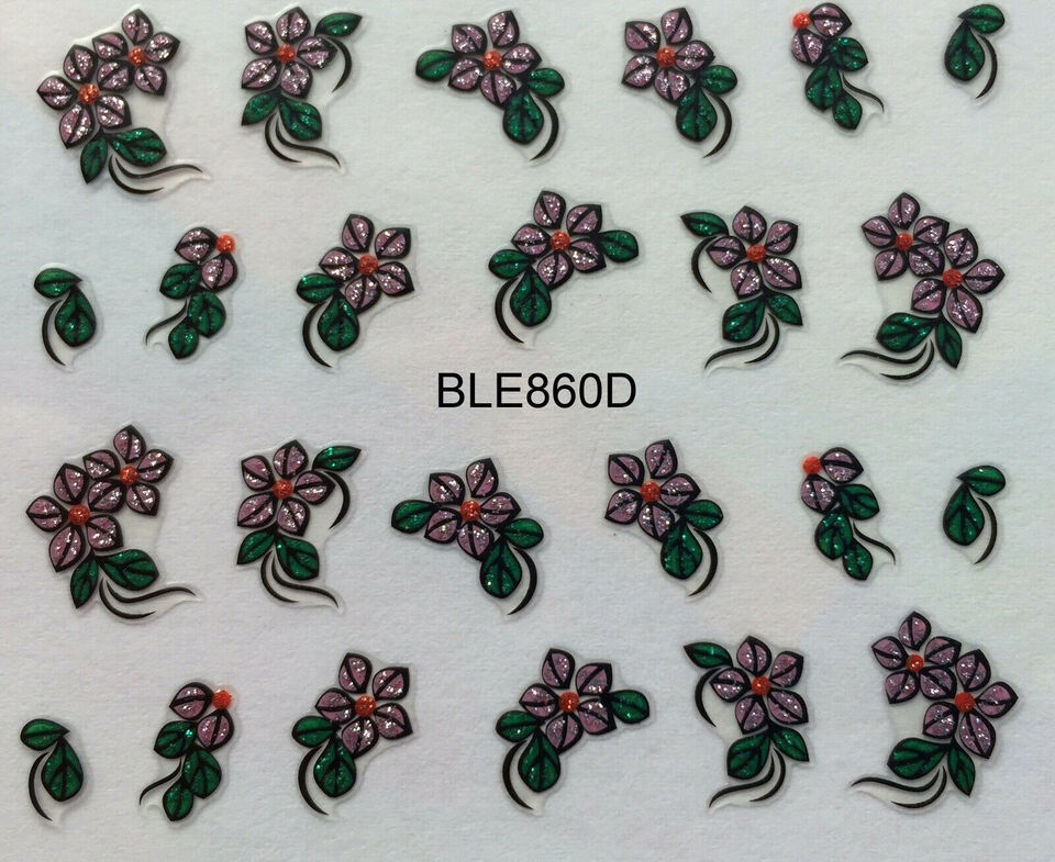 Nail Art 3D Glitter Decal Stickers Pink Flowers BLE860D