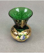 Vtg Bohemian Czech Green Glass Vase Encrusted Gilt Gold Enamel Flowers -... - $34.64