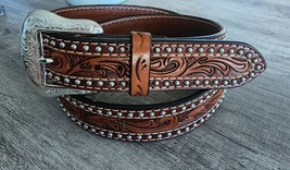 Western Cowboy Leather Belt Tooled Floral Brown Ranger Rodeo Studded Size 42 - £30.01 GBP