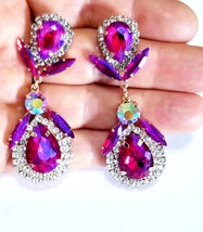 Pink Chandelier Earrings, Gift for Her, Bridesmaid Rhinestone Earrings, Bridal D - £30.67 GBP
