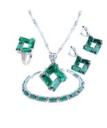 Anyco Jewelry Set 4Pcs Green Rectangle Zircon 925 Silver - $88.15 CAD