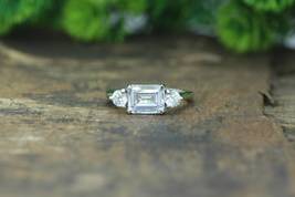 Three Stone Emerald Cut Cubic Zirconia Engagement Ring Dainty Bridal Ring Gift - £106.94 GBP