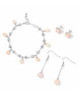 Freshwater Peach Pearl, Sim. Diamond Silvertone Charm Bracelet /2 PR Ear... - £15.10 GBP