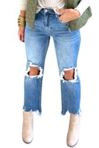 Risen high rise distressed knee crop jeans in Medium Wash - £30.28 GBP