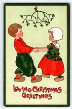 Christmas Postcard Dutch Children Under Mistletoe Ivy M. James Series 522 Tuck - £17.92 GBP