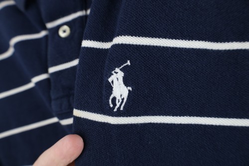 Vintage 90s Ralph Lauren Mens Medium Faded Striped Collared Golf Polo Shirt Blue Item image 4