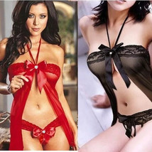Sexy Women Bow Lingerie Set Open Front Teddy Babydoll Chemise with G-Str... - $18.95