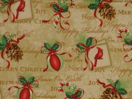 Hancock Fabric 1 Yd  Remnant Christmas, Cardinals, Pine Cones, Happy Holidays - £6.28 GBP