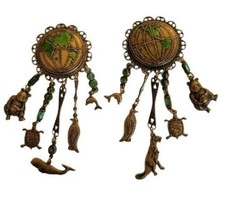 Antique Globe Dangle Animal Charms Emerald Rhinestone Clip Brass Earrings - £376.57 GBP
