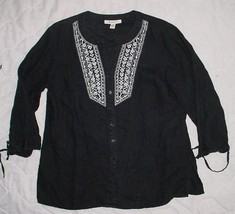 JM COLLECTION black 100% LINEN 3/4 sleeve Embroidered ButtonTop sz 10  EUC - $9.99